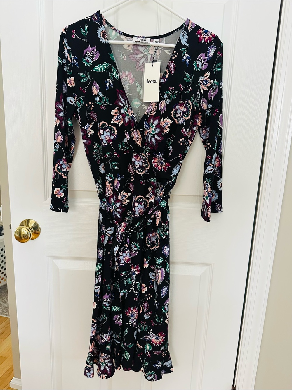 Leota Black Floral Wrap Dress with Multicolor Blooms